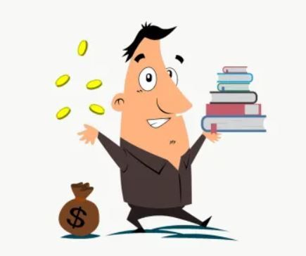 A cartoon of a man holding books and a bag of money