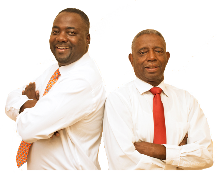 Two men standing back to back with their arms crossed