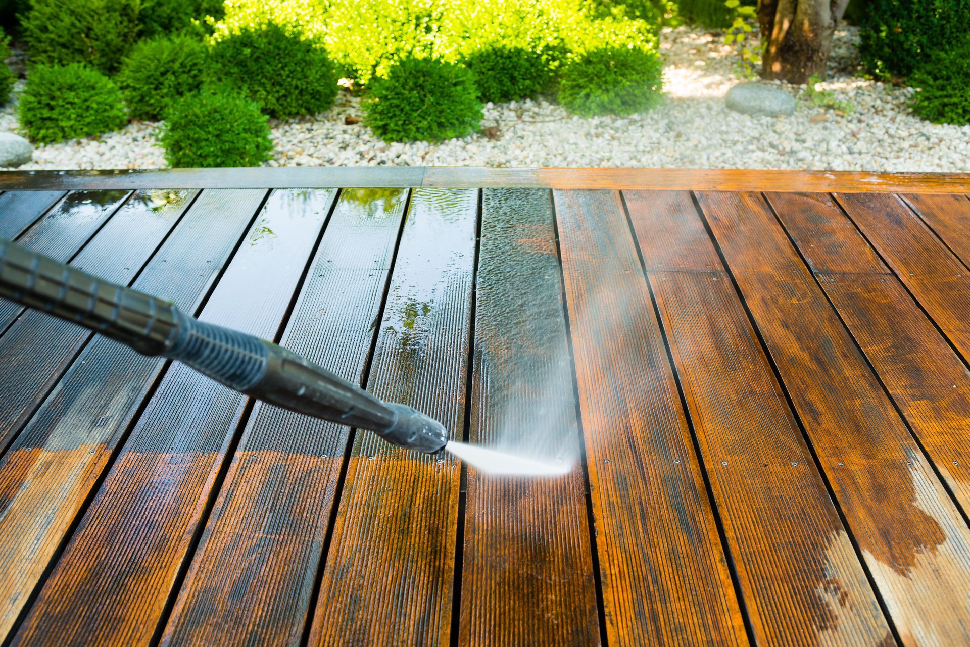Pressure washer cleaning a wet wooden deck beside green shrubs