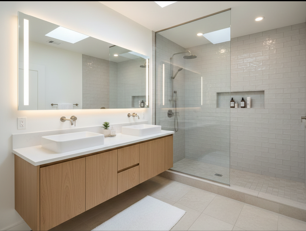 Modern bathroom with a double sink vanity and glass shower.