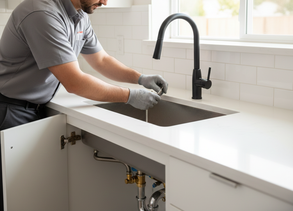 Plumber installs black faucet in a white kitchen, working inside the cabinet.