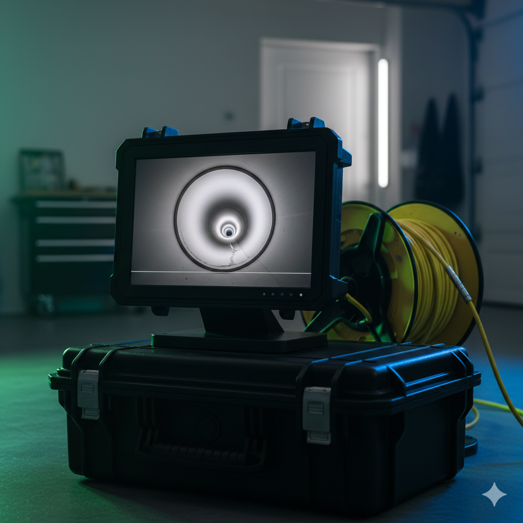 A drain inspection camera shows a pipe's interior. Black case, screen, and yellow cable are in a garage.