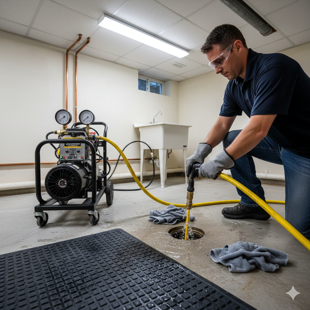 Man using hydro jet machine to clear a drain in a basement.