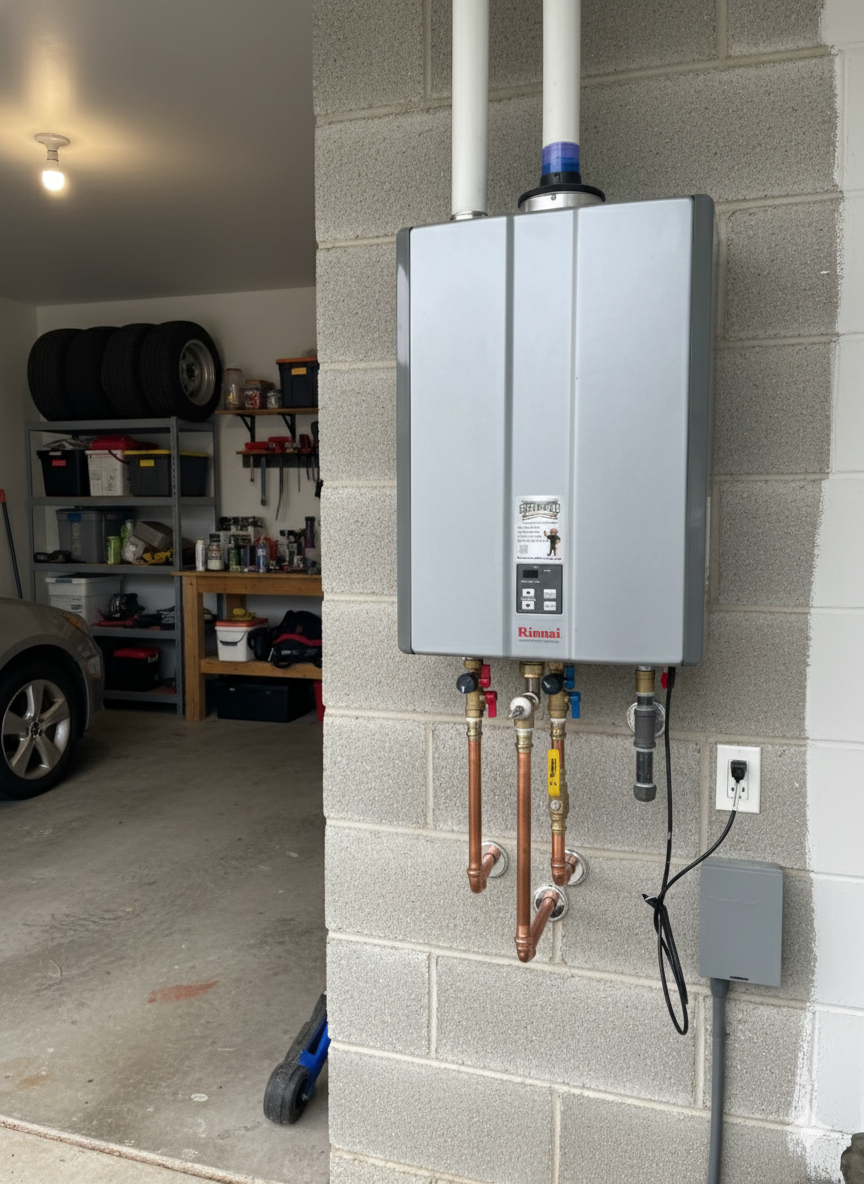 Tankless water heater installed on a gray cinder block wall in a garage. Copper pipes connect to the unit.