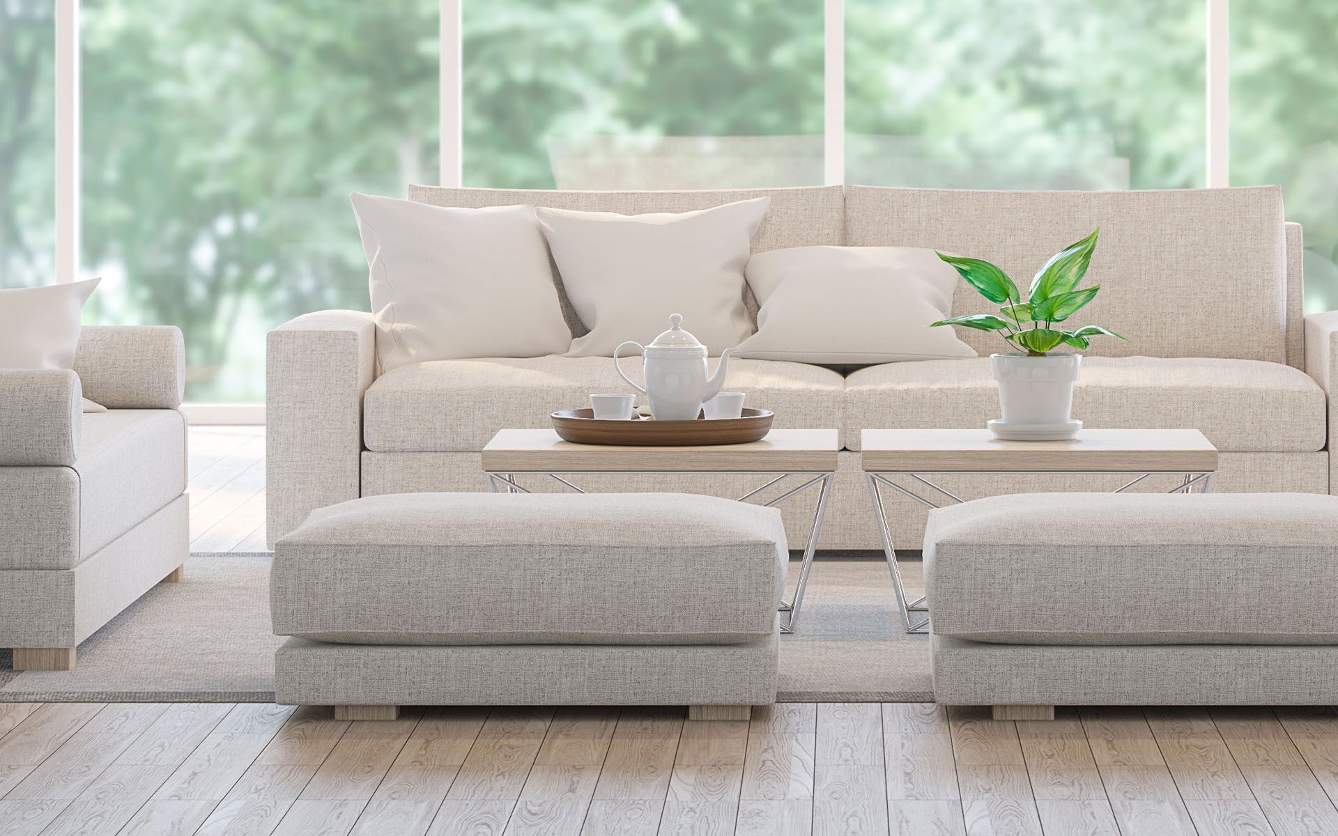 A Living Room with A Couch, Two Ottomans, a Coffee Table and A Potted Plant — Maid In Bowral in Moss Vale, NSW