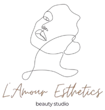 Line drawing of a face with text "L'Amour Esthetics beauty studio" below.
