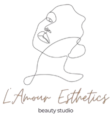 Line drawing of a face with text "L'Amour Esthetics beauty studio" below.