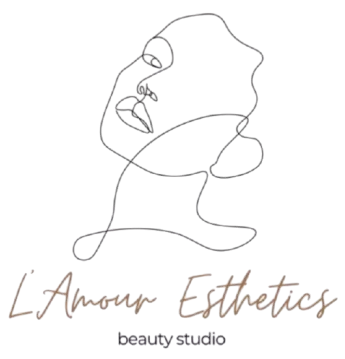 Line drawing of a face with text "L'Amour Esthetics beauty studio" below.