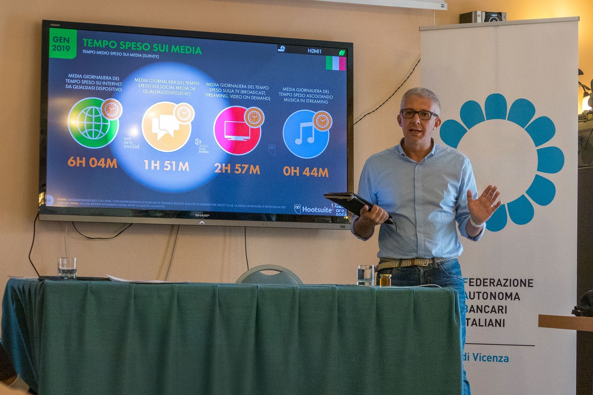 Andrea Brugnoli è in piedi davanti a un grande schermo che dice tempo speso sui media