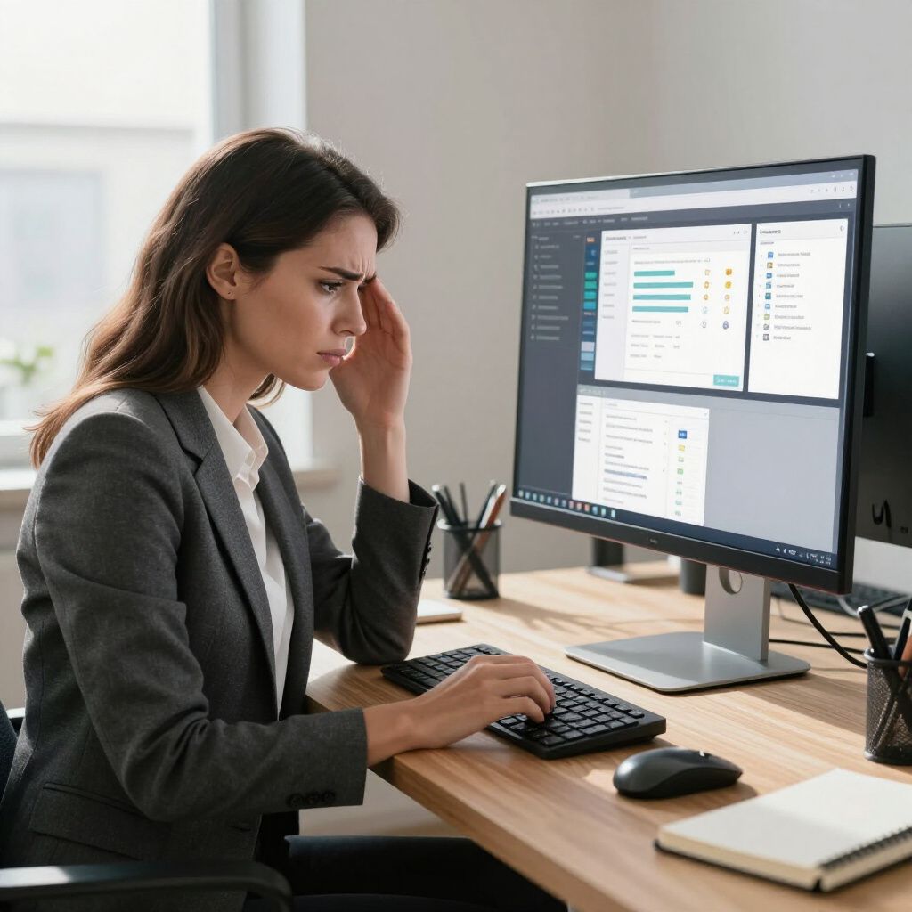 Una donna con una giacca grigia sembra stressata mentre guarda un computer che visualizza dati su una scrivania di legno.