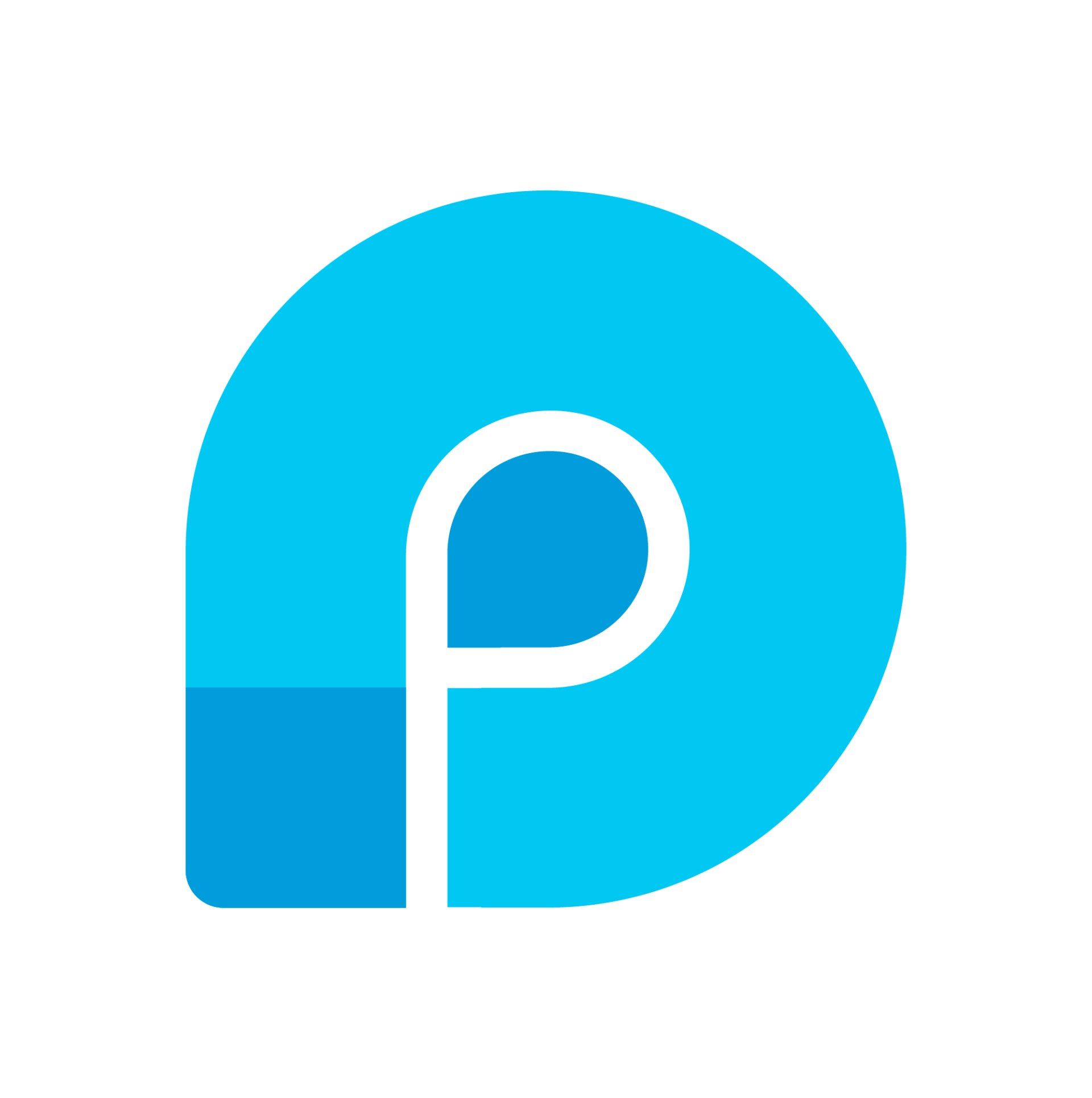 La lettera p è in un cerchio blu su sfondo bianco.