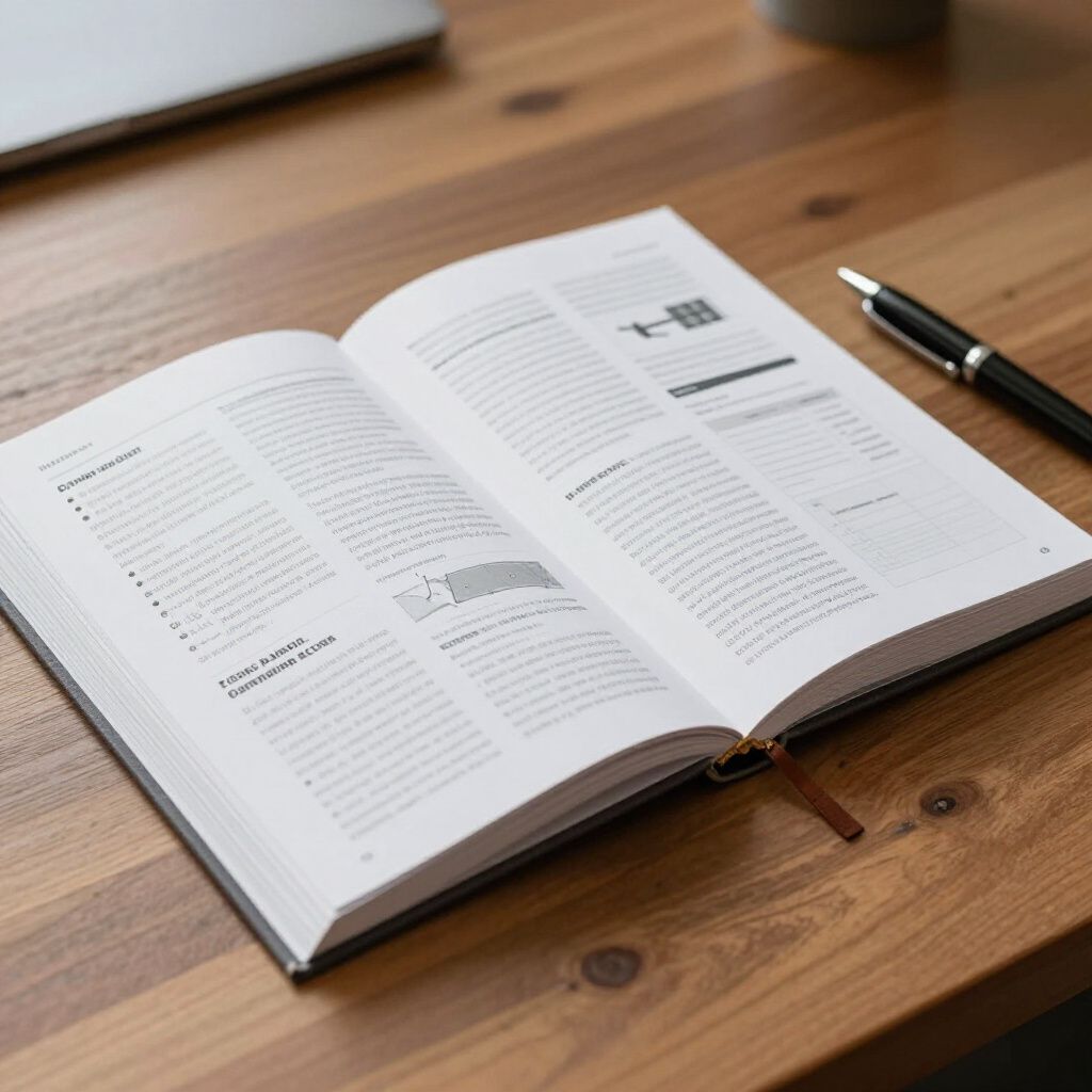 Un libro aperto su una scrivania di legno con una penna e un computer portatile sullo sfondo.