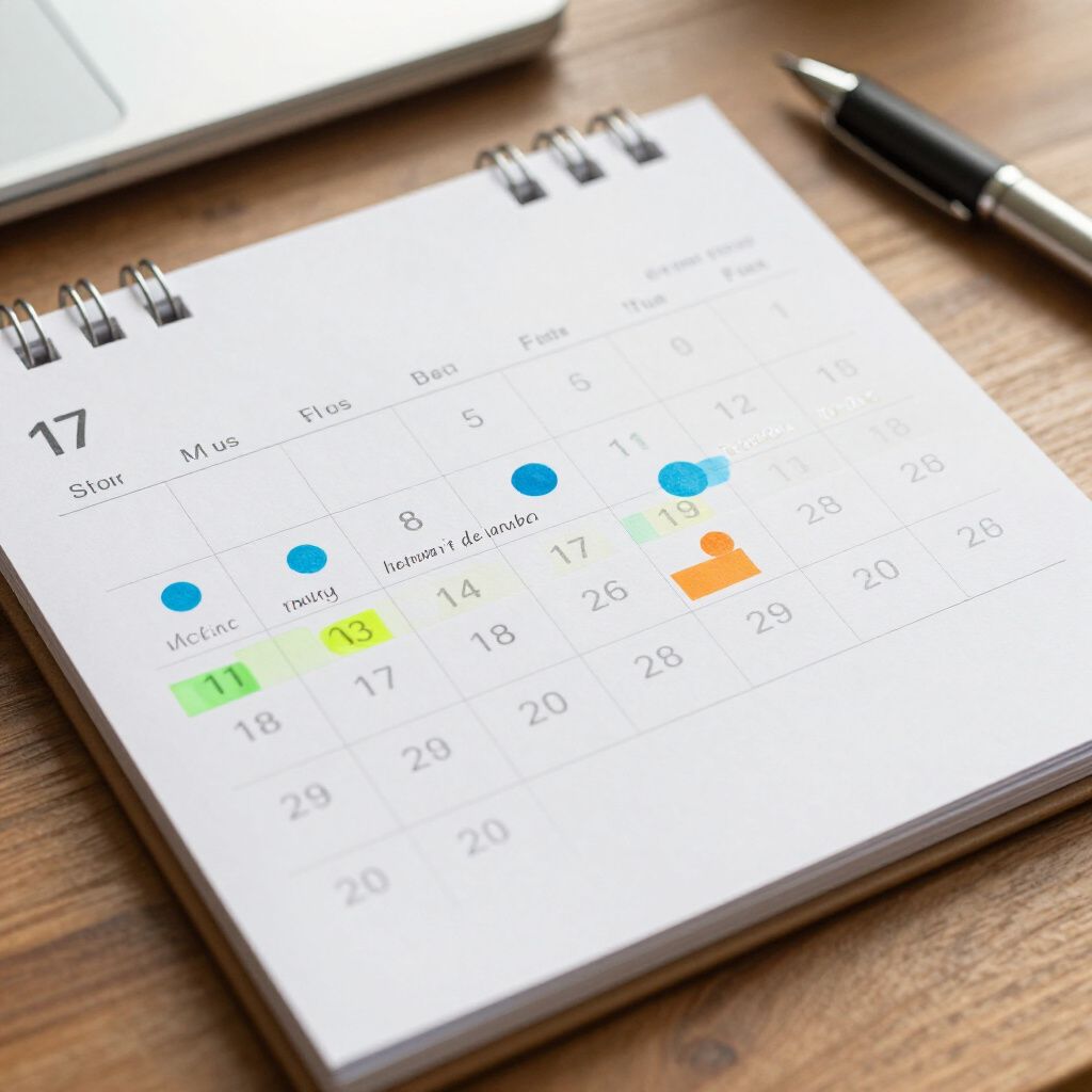 Primo piano di un calendario da tavolo con date evidenziate e una penna.