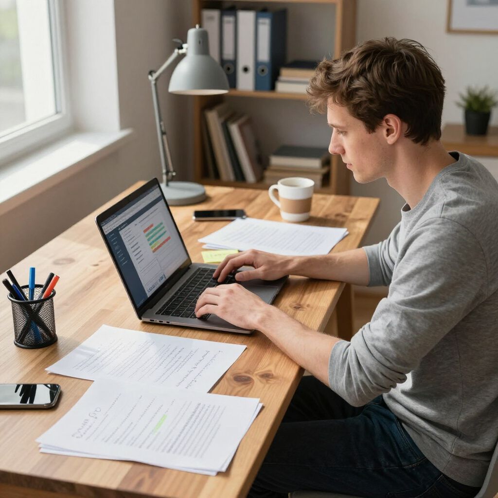 Uomo che lavora al computer portatile seduto a una scrivania di legno con documenti, una lampada e una tazza da caffè.