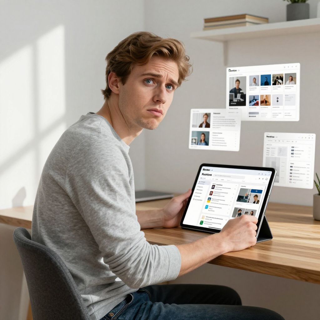 Uomo che lavora su un tablet, con aria confusa. Schermi mobili mostrano profili professionali e un'app di messaggistica. Ambiente luminoso e moderno.