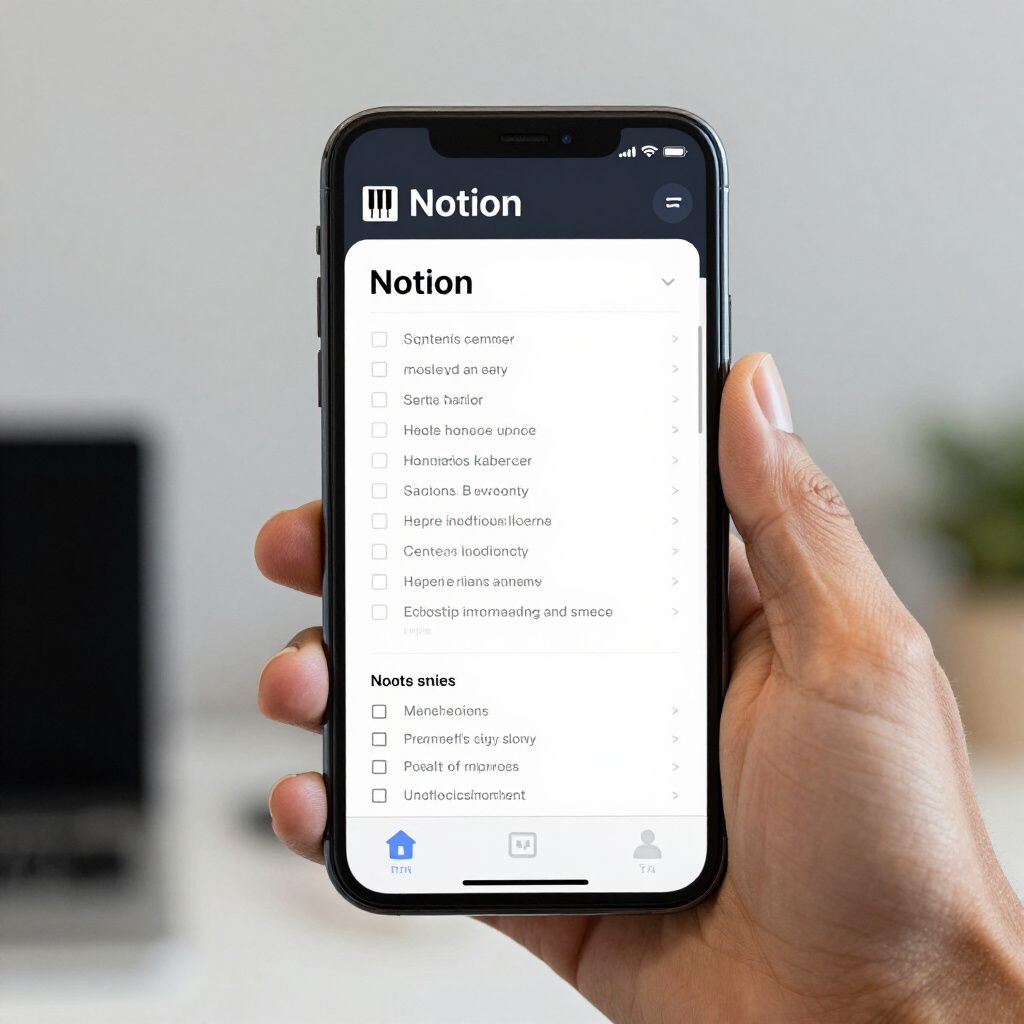 Mano che tiene uno smartphone con l'app Notion e una lista di controllo.