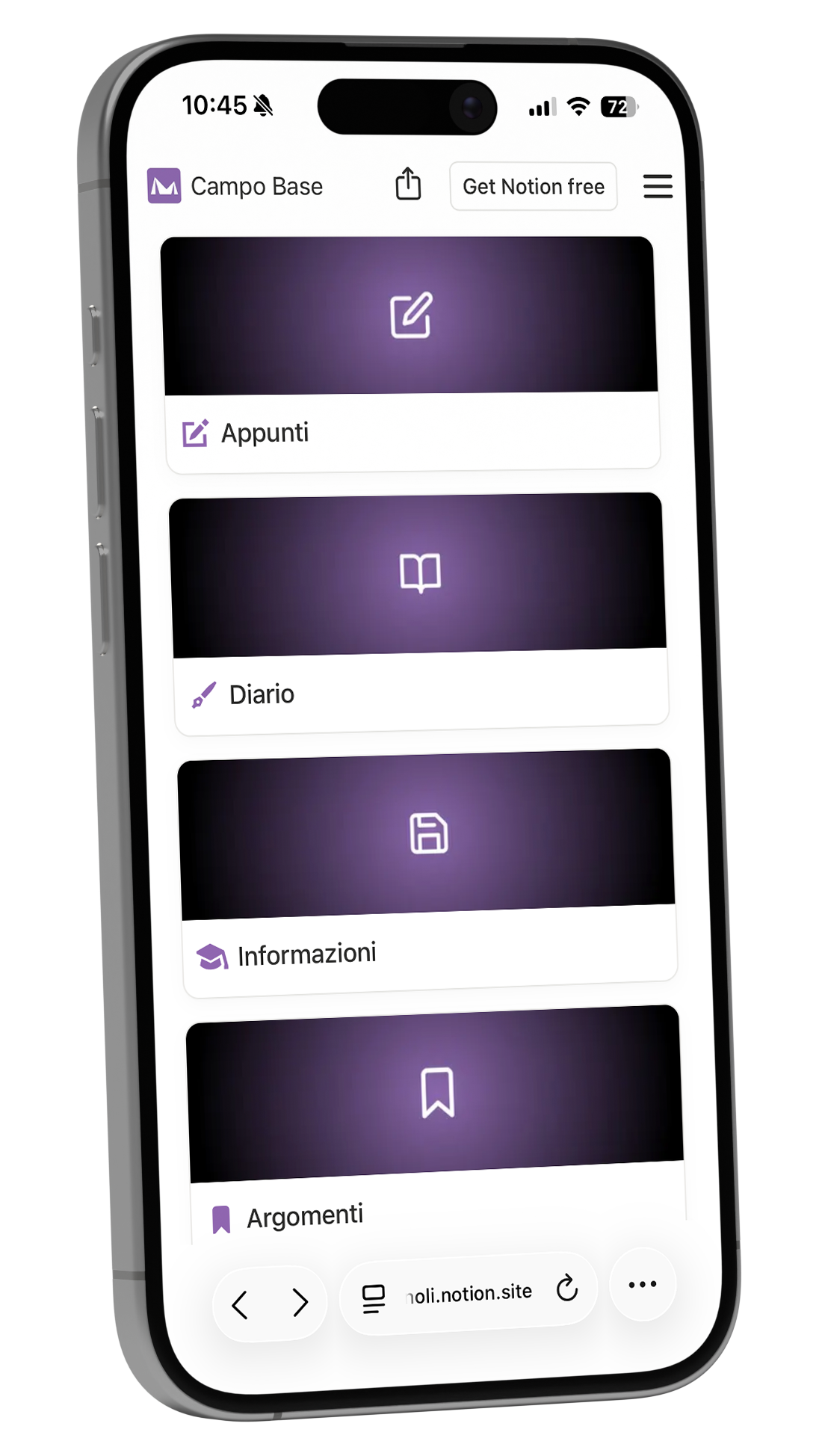 Schermata dell'app mobile che mostra un elenco di note con intestazioni e icone viola, etichettate