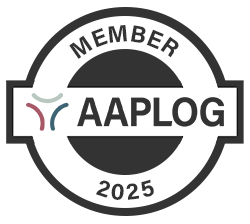 A black circle logo for being a member of AAPLOG in 2025.