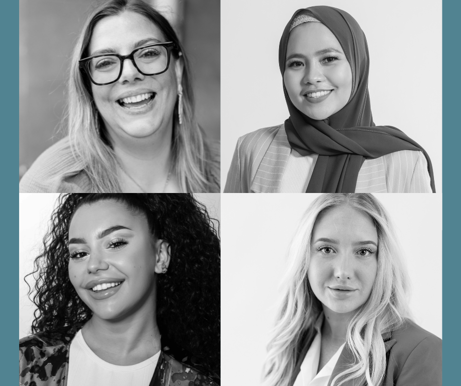 A collage of four women 's faces in black and white.