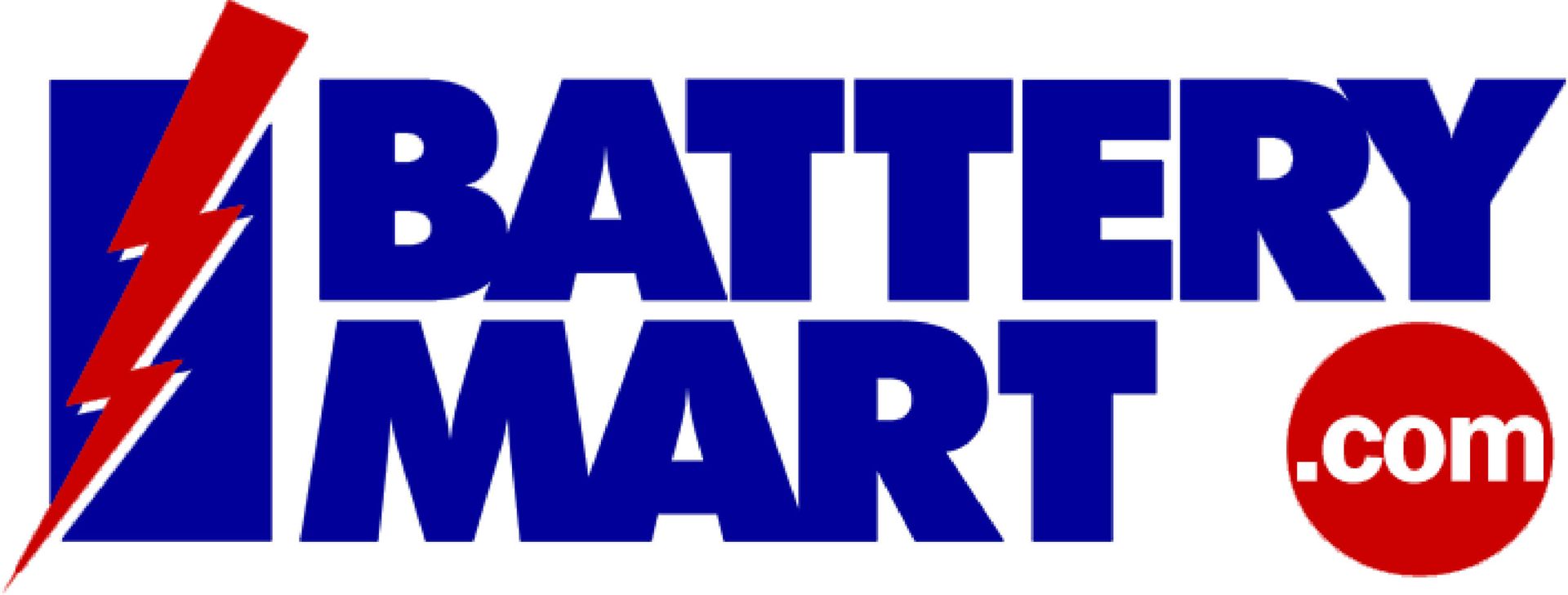 A blue and red logo for battery mart.com