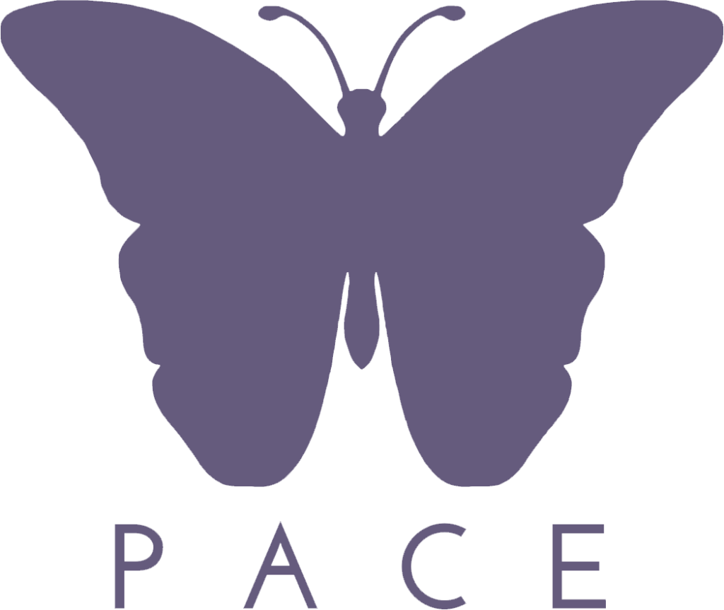 A purple butterfly is sitting on top of the word pace.