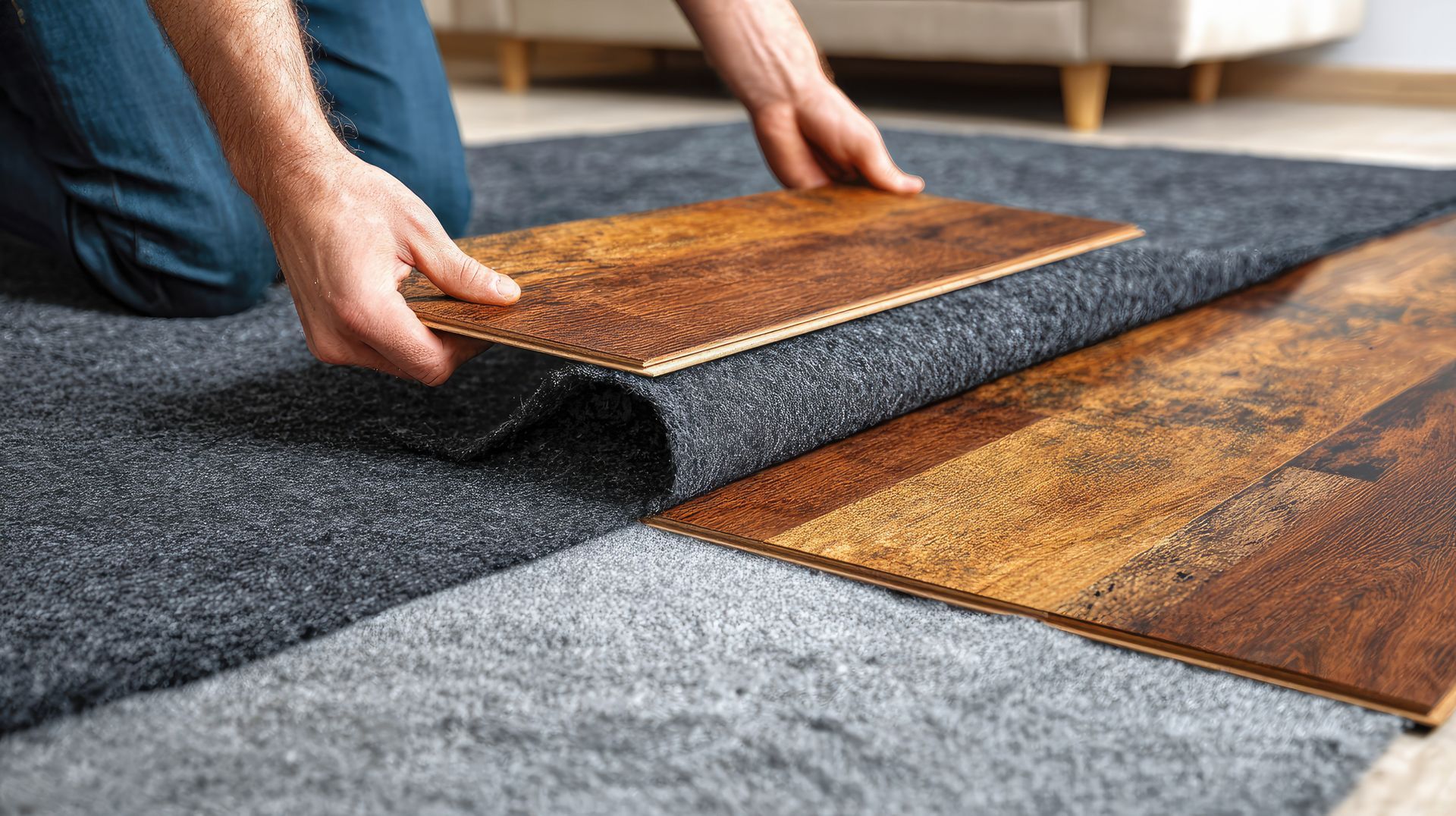 Person installing laminate flooring on top of carpet.