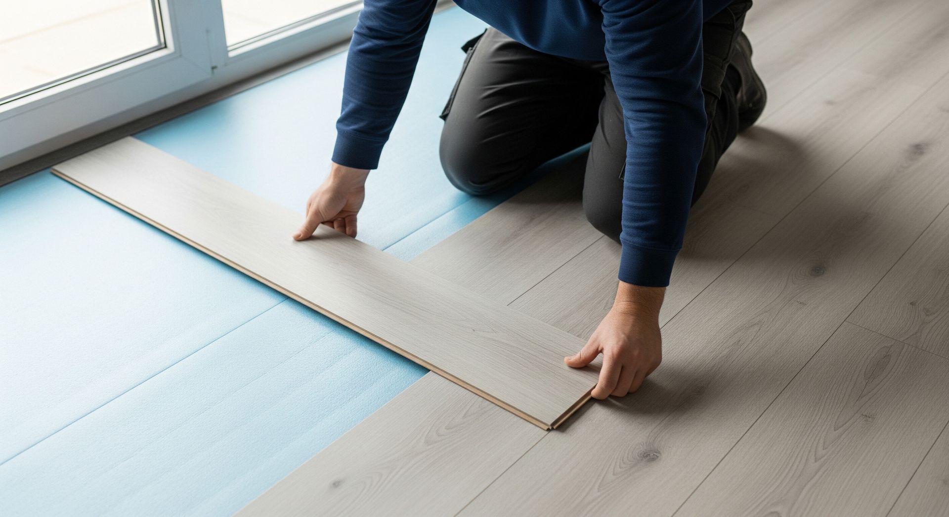 Person installing light-colored laminate flooring on blue underlayment near a window.