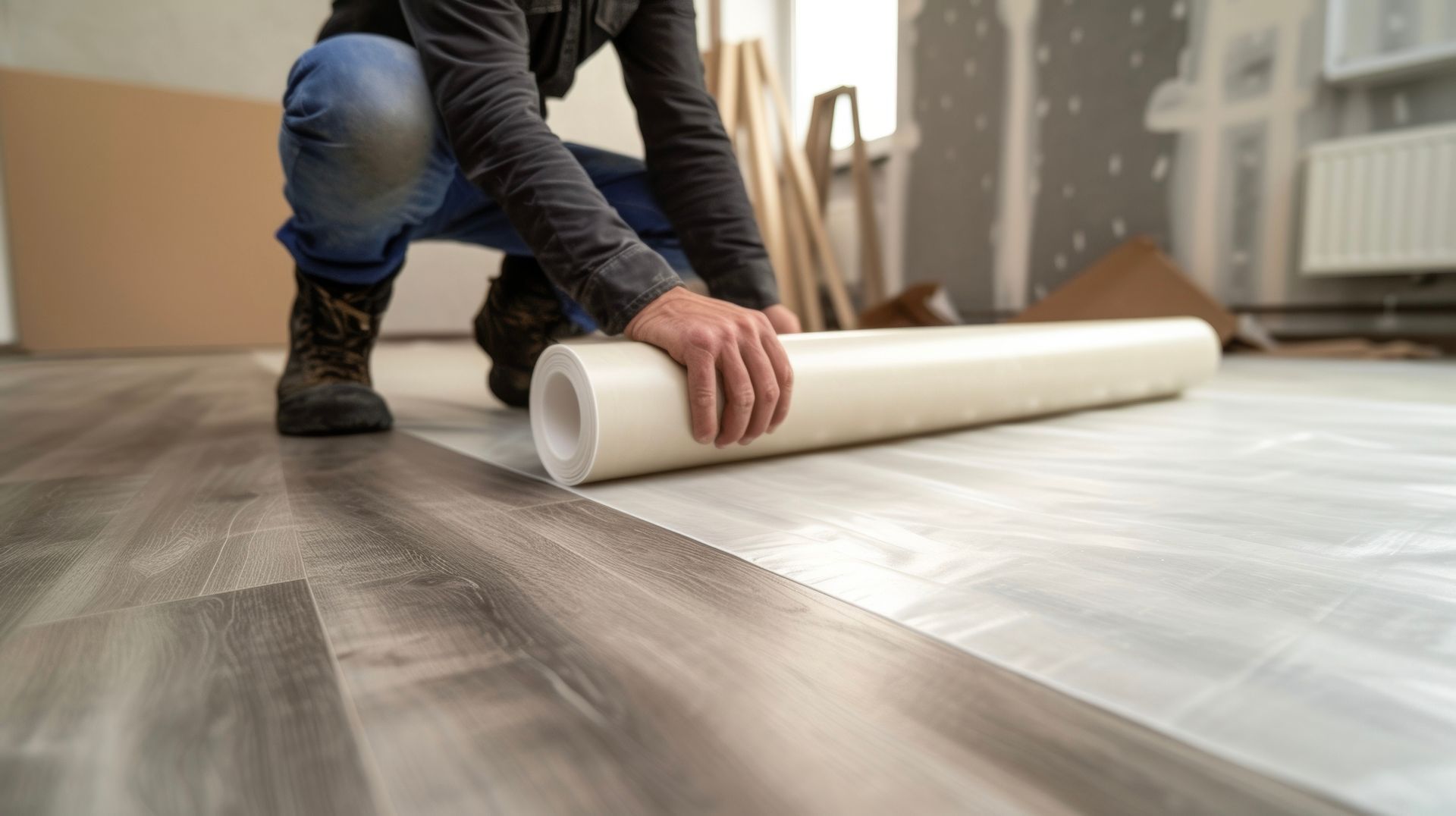 Person rolling out flooring in a room under renovation, with protective covering visible.