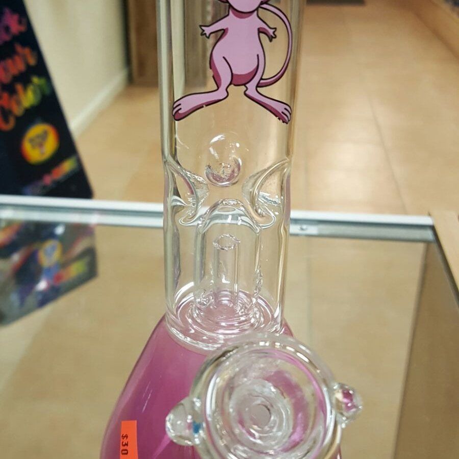 A glass bong with a pink pokemon on it