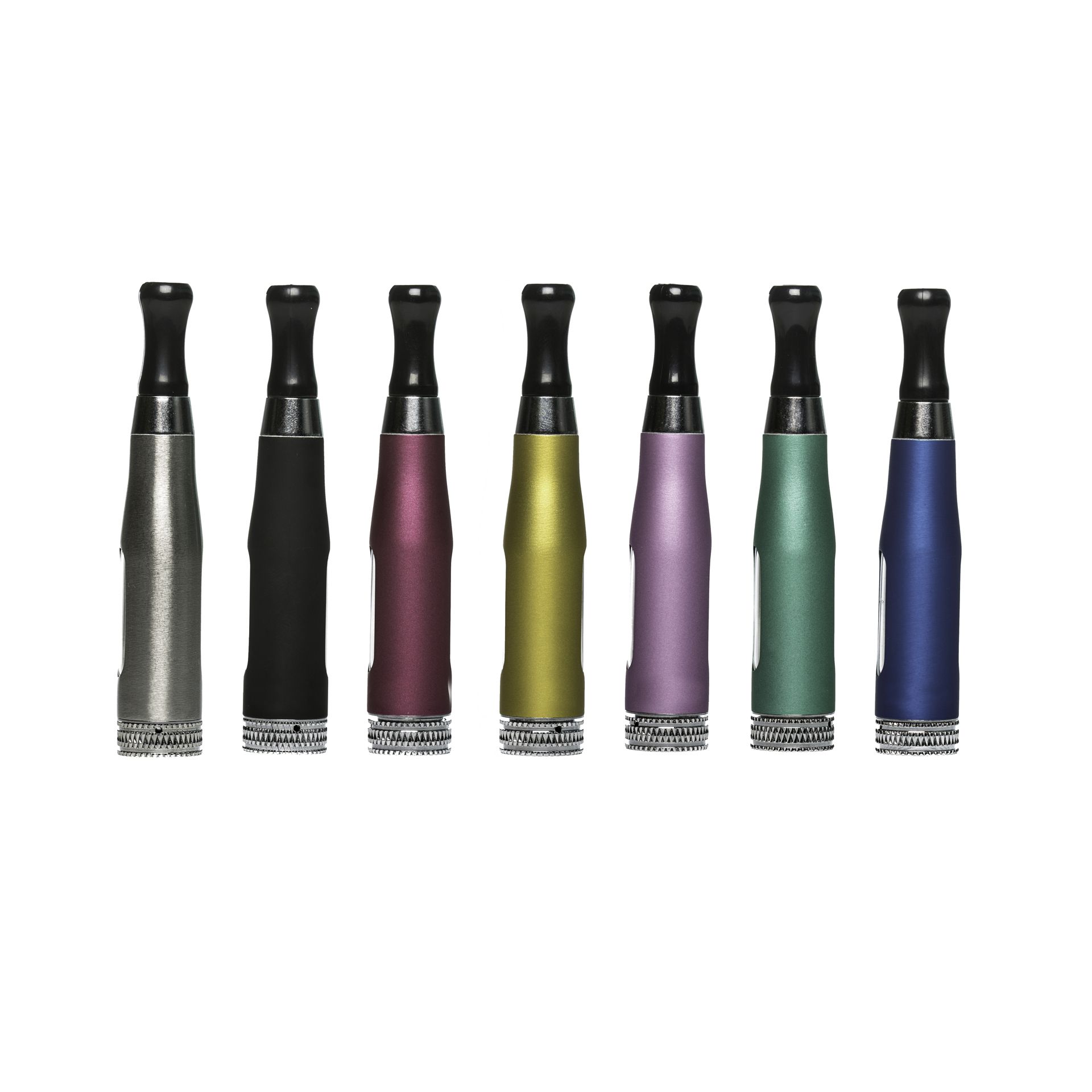 A row of electronic cigarettes in different colors on a white background