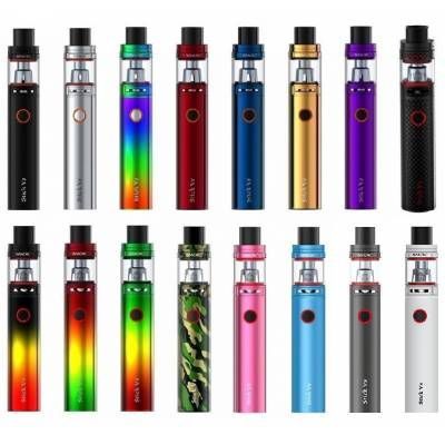 A bunch of different colored electronic cigarettes are lined up on a white background.