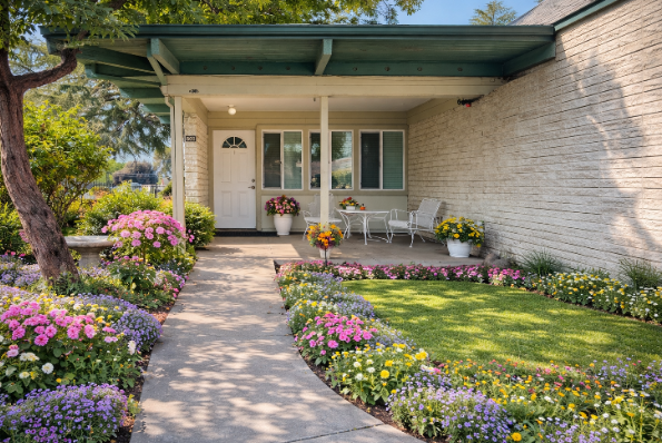 A white brick house with a porch with chairs and a table.