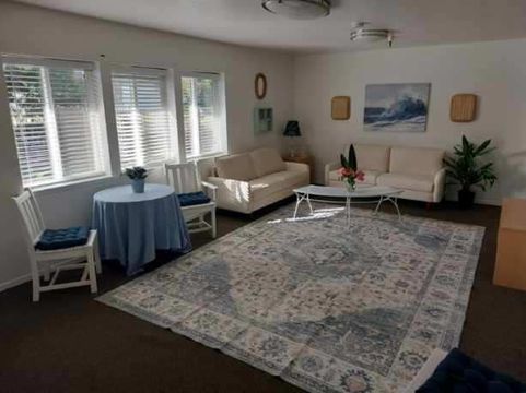 A living room with a couch , table , chairs and a rug.
