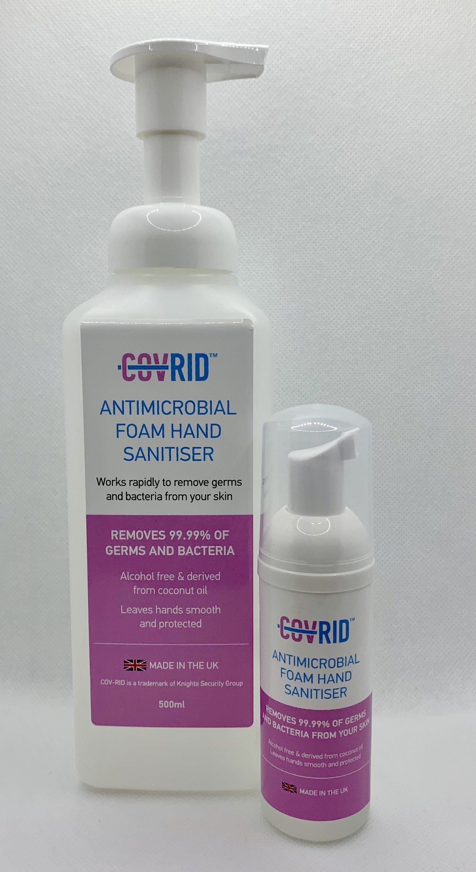 COV-RID Alcohol Free Antimicrobial Foaming Hand Sanitiser 500ml and 50ml Products