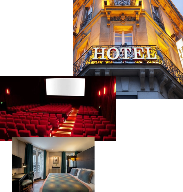 Hotel, cinema and bedroom