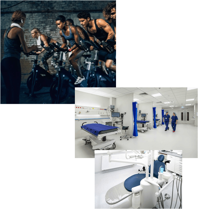Gym, dentist and hospital