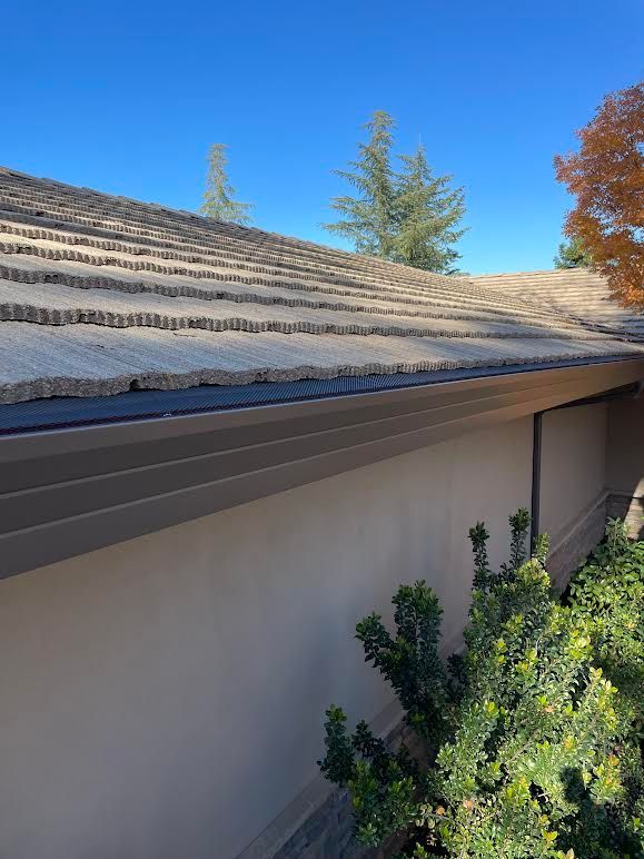 A house with a gutter on the side of it and a tree in the background.