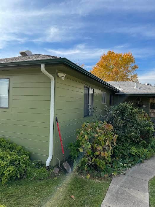 A green house with a white gutter and a red shovel in front of it.