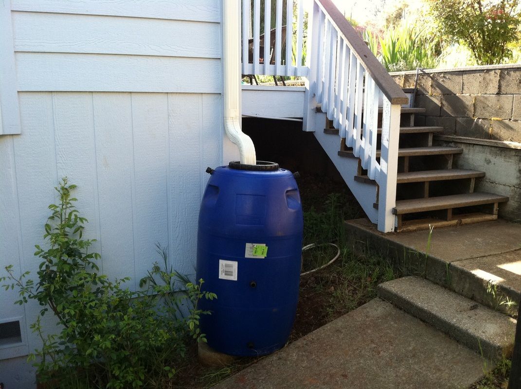 A blue barrel sits on the side of a house next to stairs