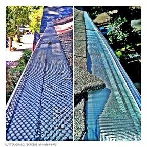 A before and after picture of a gutter guard screen