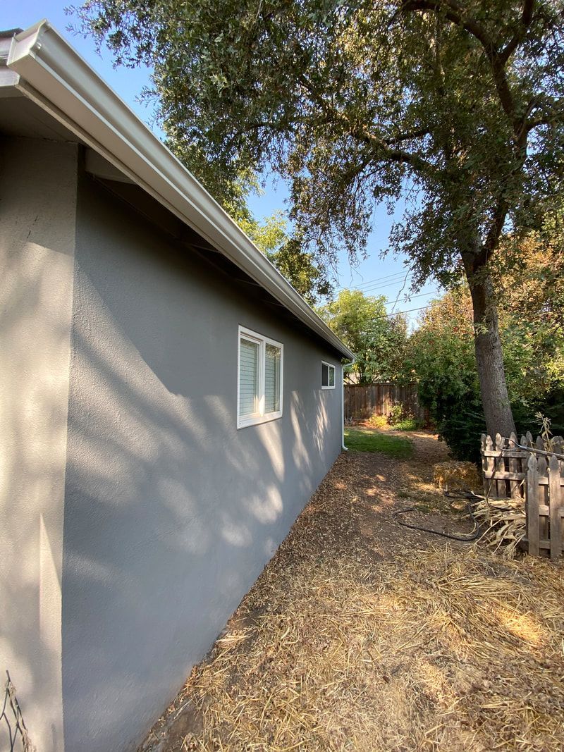 The side of a house with a gutter and a tree in the background.