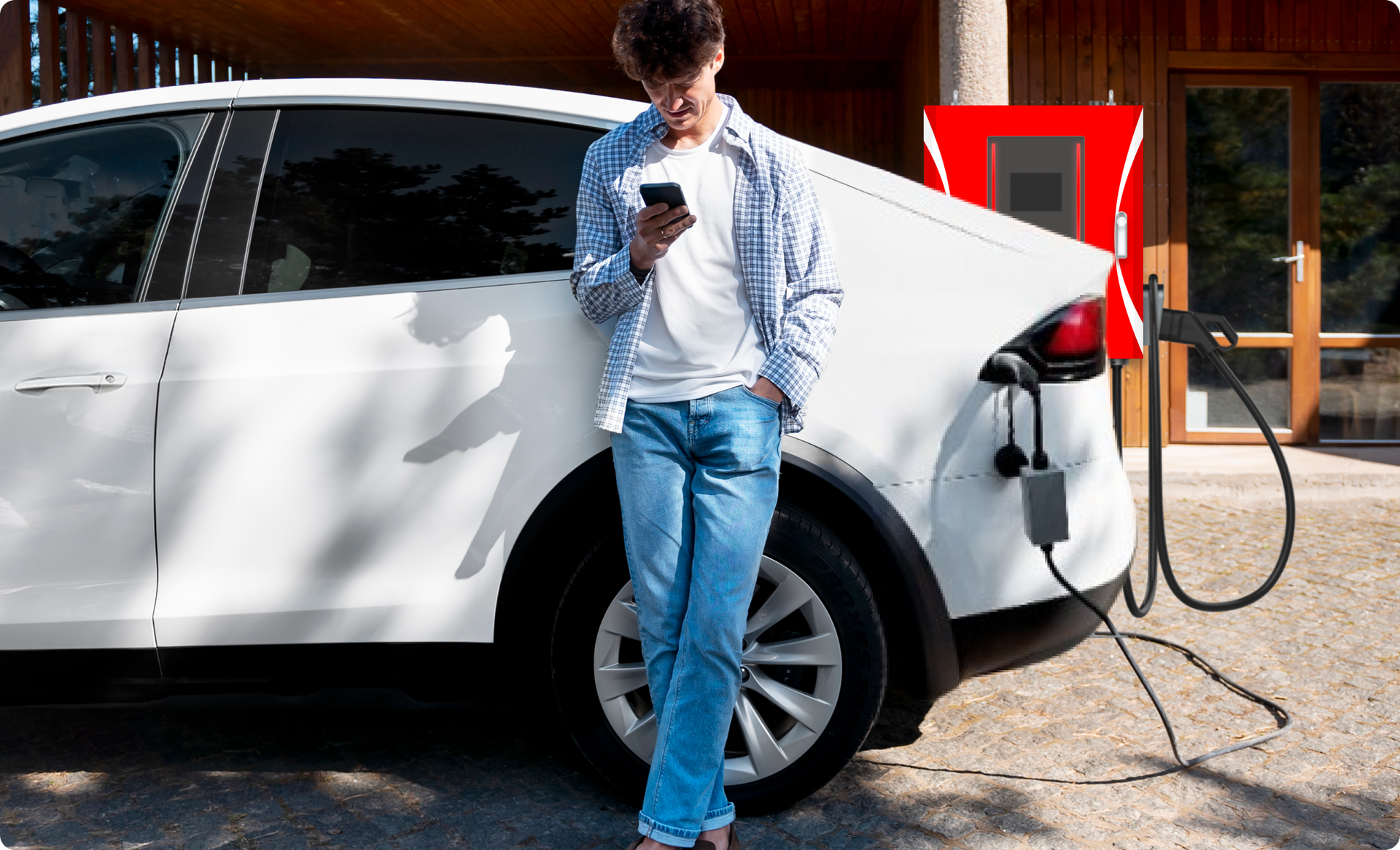 The boy in white clothes uses Zeus home charger to charge his EV and waits next to it.