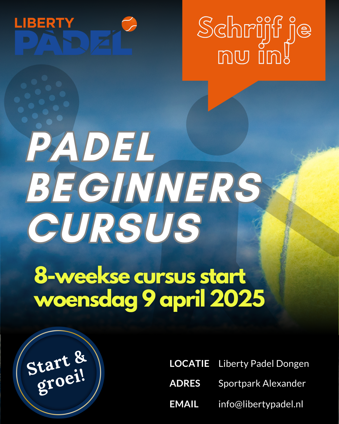 Wil jij de basis van padel onder de knie krijgen? Woensdag 9 april starten we met onze beginnerscursus, waarbij je in 8 weken stap voor stap wordt begeleid in deze leuke en dynamische sport. 

✔ Slagtechnieken & positionering
✔ Spelregels & tactiek
✔ Conditie & balcontrole
✔ Veel speelplezier en eerste rally’s!