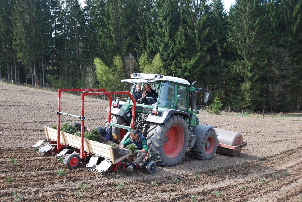 Ein Mann fährt einen grün-roten Traktor über ein Feld.