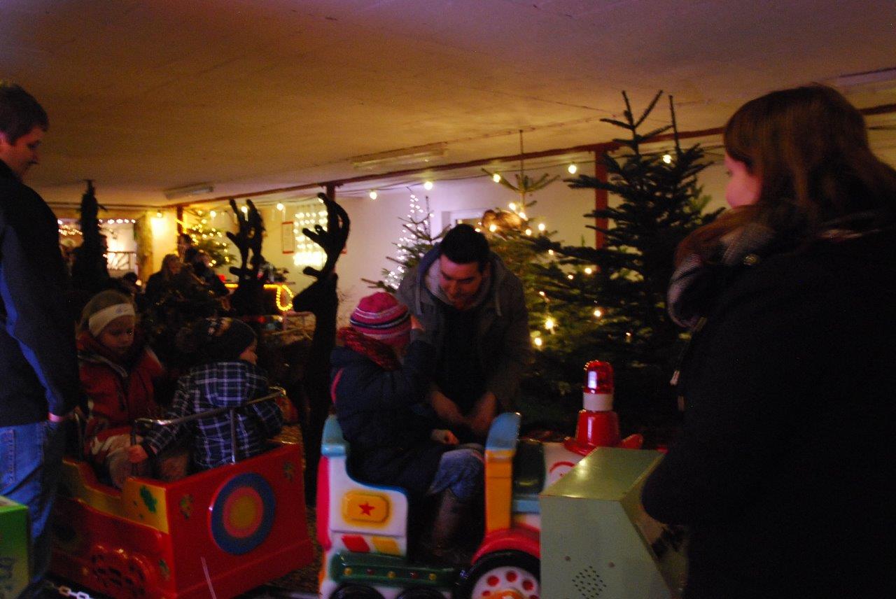 Eine Gruppe von Menschen sitzt in einem Raum mit Weihnachtsbäumen im Hintergrund