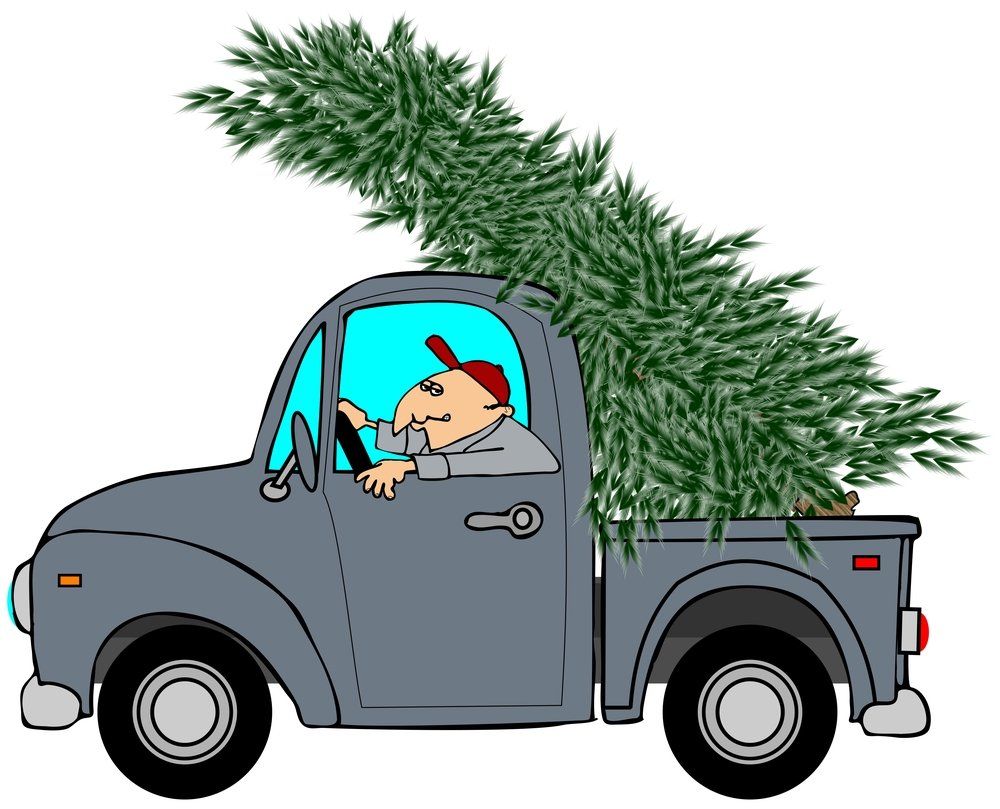 Ein gezeichnetes Bild von einem Mann in einem Laster, der einen Weihnachtsbaum transportiert