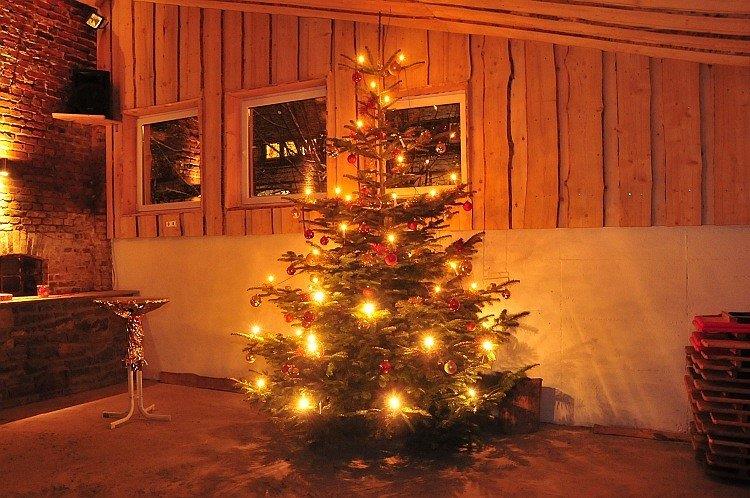 Ein geschmückter Weihnachtsbaum mit Lichtern steht in einer Holzscheune