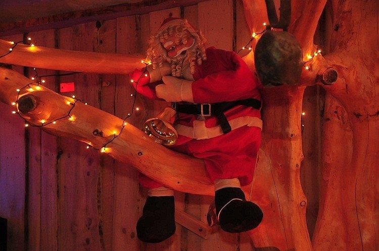 Eine Weihnachtsbaumfigur zwinkert, umgeben von Lichterketten