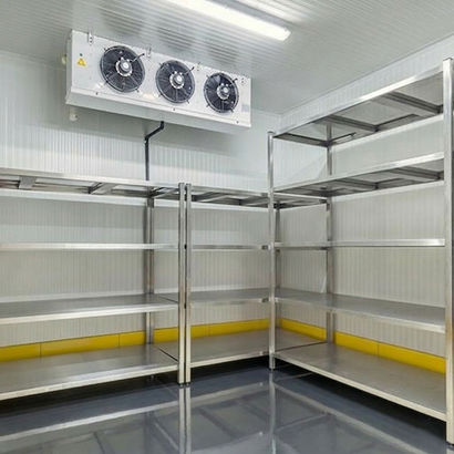 Empty walk-in refrigerator featuring clean stainless steel shelving units and a ceiling-mounted evaporator unit.