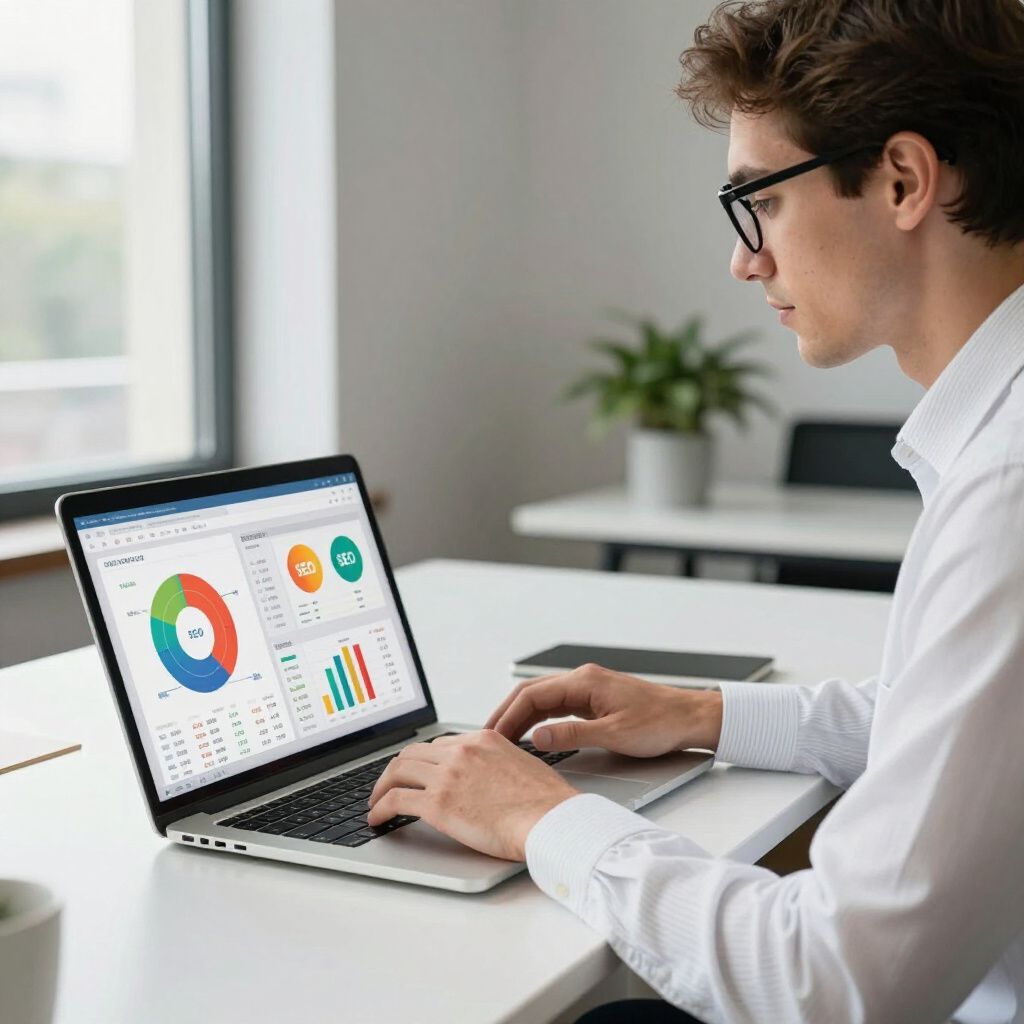 Man with glasses working on a laptop displaying data charts in a bright office.